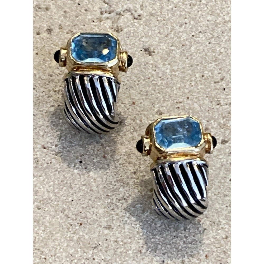 Blue Rhinestone Two Tone Hoop Earrings Black Accent Statement Silver Tone